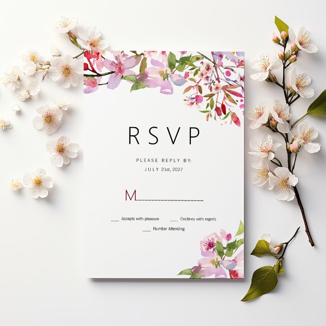 Invitation Fleur de cerisier rose botanique été RSVP (Botanical pink cherry blossom summer RSVP)