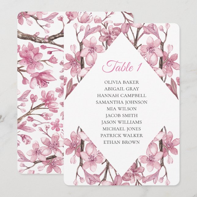 Invitation Fleur de cerisier rose printanière. Plans de table (Devant / Derrière)
