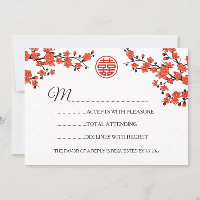 Invitation Fleur de cerisier rouge RSVP mariage chinois (Devant)