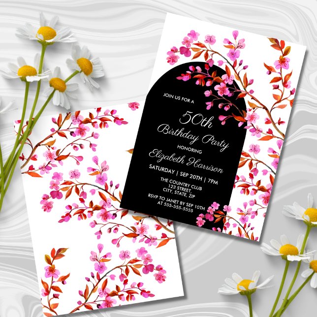 Invitation Fleur de cerisier Sakura noir blanc Anniversaire (Créateur téléchargé)