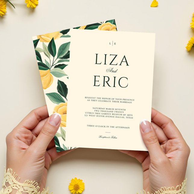 Invitation Fleur de citron Arbre Floral Élégant Mariage Jaune (Lemon Blossom Floral Tree Elegant Yellow Wedding Invitation)