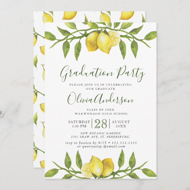 Invitation Fleur de citrons Verdure Chic Graduation Party (Devant / Derrière)