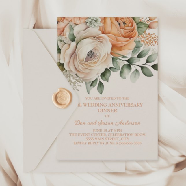 Invitation Fleur de crème orange de Pêche 25e anniversaire (Peach and cream-colored 25th wedding anniversary dinner party invitation)