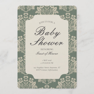 Invitation Fleur de damas vintage pour baby shower vert beige