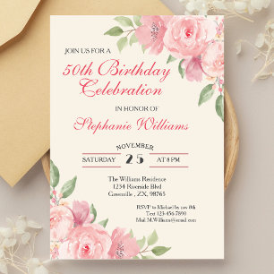 Invitation Fleur de femme Élégante Rose 50ème anniversaire