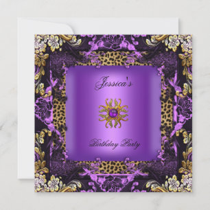 Invitation Fleur de fête d'anniversaire Violet Or Noir Léopar