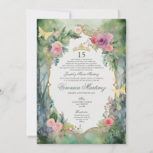 Invitation Fleur de forêt verte rose douce 15 Quinceañera