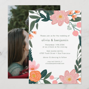 Invitation Fleur de jardin rose et vert Mariage été