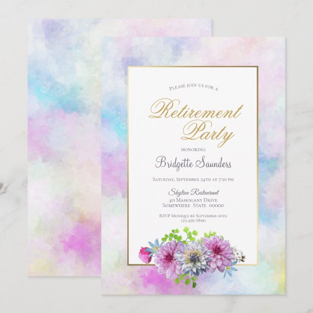 Invitation Fleur de la fête de retraite avec bordure d'aquare (Devant / Derrière)