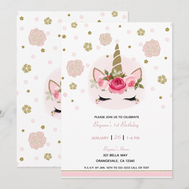 Invitation Fleur de licorne or et rose Fleur d'Anniversaire (Devant / Derrière)