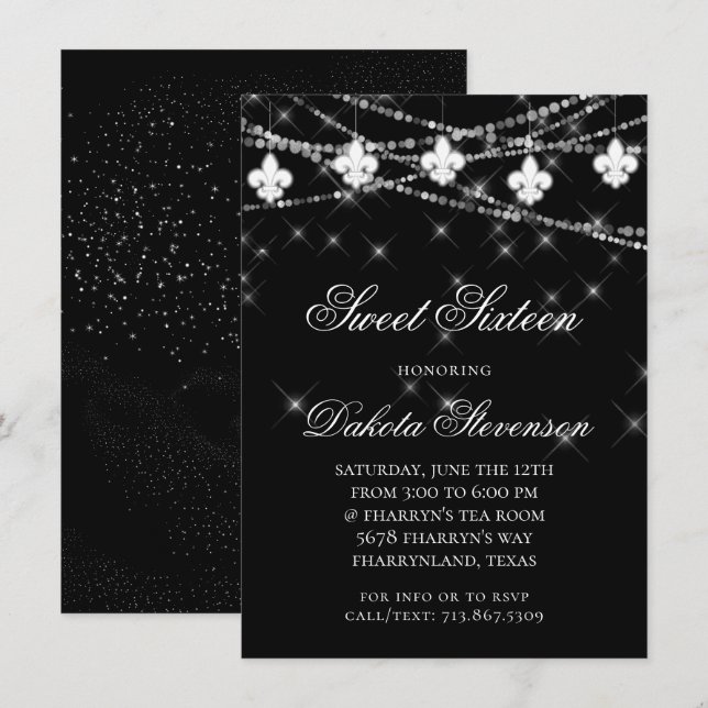 Invitation Fleur de Lis | Black Mardi Gras Sweet 16 (Devant / Derrière)