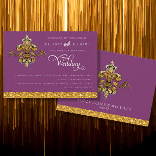 Invitation Fleur de Lis Gold Purple Élégant Mariage formel