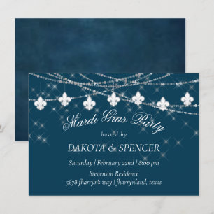 Invitation Fleur de Lis Lumières Bleues Marine   Fiançailles 