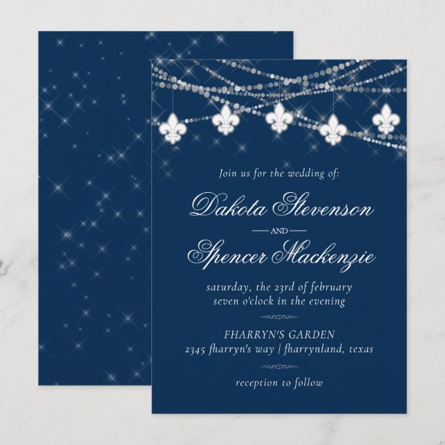 Invitation Fleur de Lis Lumières Bleues Marine | Mariage rust (Devant / Derrière)