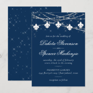 Invitation Fleur de Lis Lumières Bleues Marine   Mariage rust