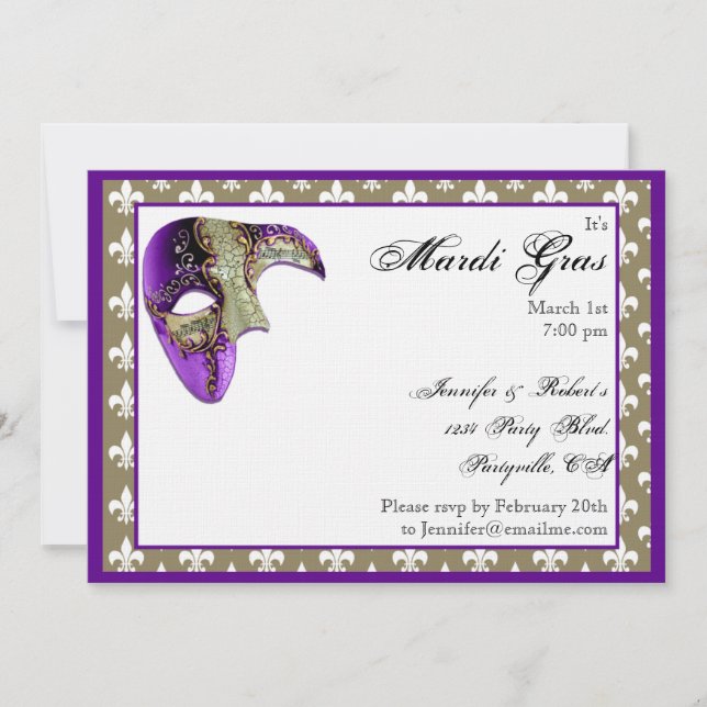 Invitation Fleur de Lis Mask Mardi Gras Party (Devant)
