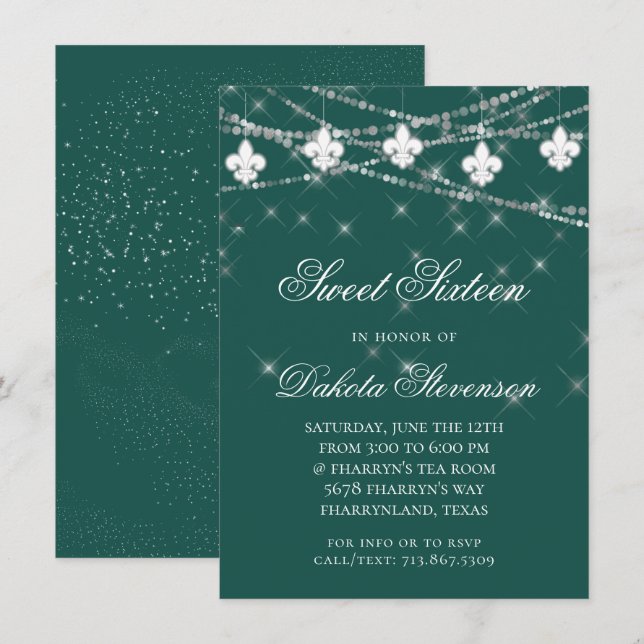 Invitation Fleur de Lis | Sweet sixteen à thème vert (Devant / Derrière)