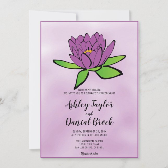 Invitation Fleur de Lotus pourpre Dusty Mariage floral romant (Devant)