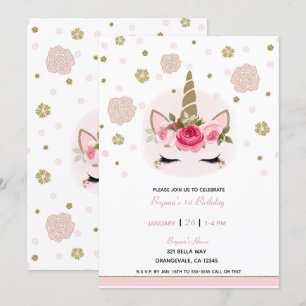 Invitation Fleur de l'Unicorne Gold & Pink en fleurs