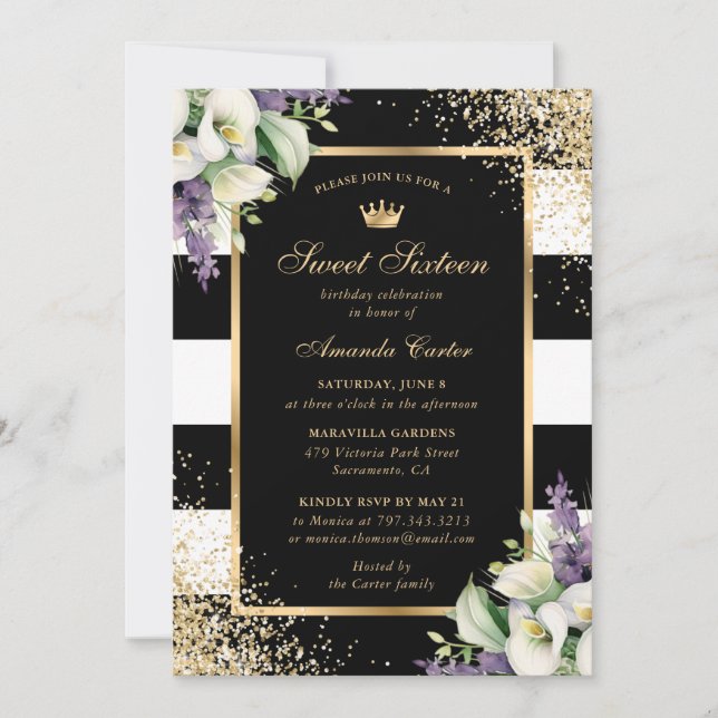 Invitation Fleur de Lys Blanche Callale Or Noir Anniversaire  (Devant)