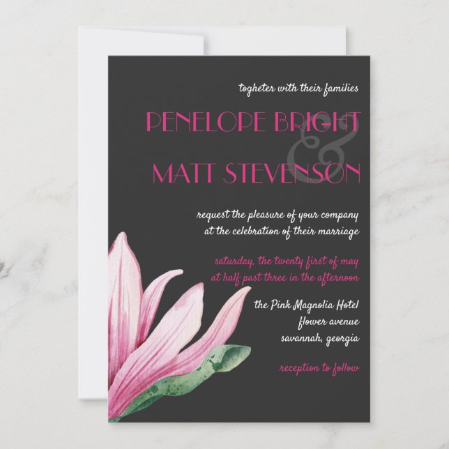 Invitation Fleur de Magnolia rose en fleurs | Mariage gris (Devant)