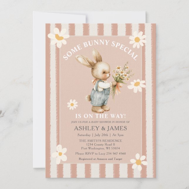 Invitation Fleur de marguerite lapin Un lapin est sur le chem (Devant)