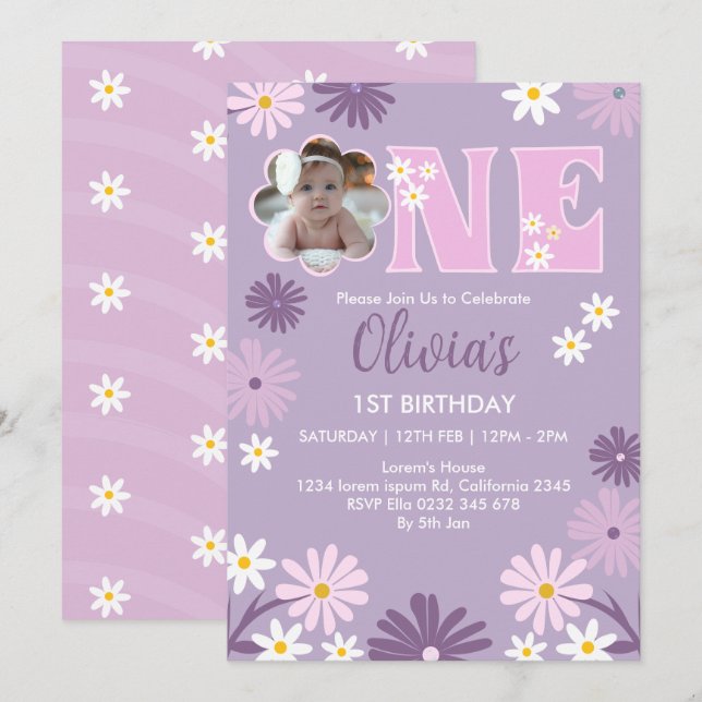 Invitation Fleur de marguerite Photo Une fille 1er anniversai (Devant / Derrière)