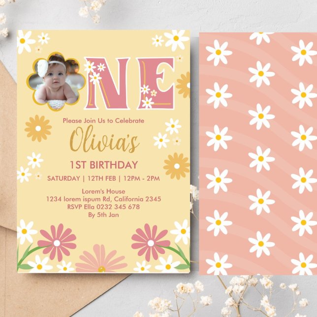 Invitation Fleur de marguerite Photo Une fille 1er anniversai (Créateur téléchargé)