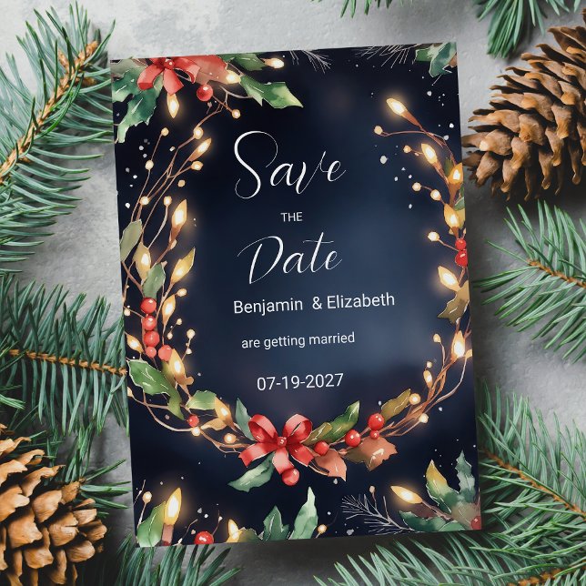 Invitation Fleur de Noël bleu rouge wreathe Save the Date (Red blue Christmas flower wreathe Save the Date)