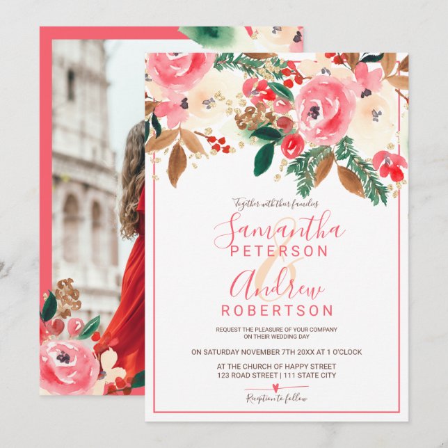 Invitation Fleur de Noël hiver Aquarelle photo mariage (Devant / Derrière)