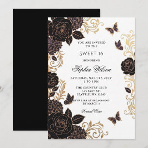 Invitation Fleur de papillon noir or Sweet 16