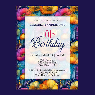 Invitation Fleur de pavot colorée et vibrante 101e anniversai
