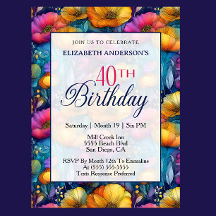 Invitation Fleur de pavot colorée et vibrante 40e anniversair