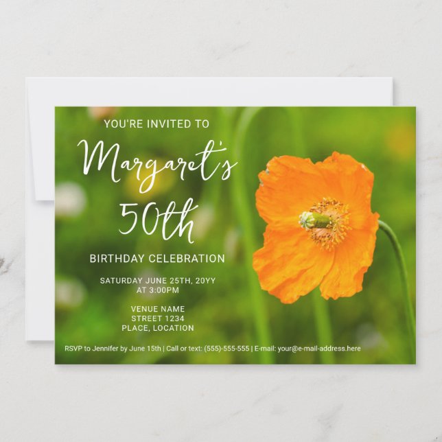 Invitation Fleur de pavot orange sur Green Photo 50e annivers (Devant)