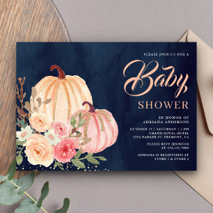 Invitation Fleur de Pêche Rose Citrouille Bleu Marine Baby Sh