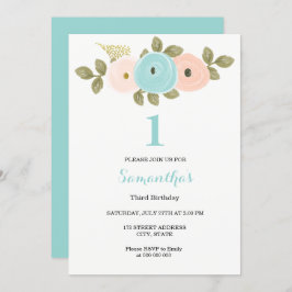 Invitation Fleur de Pêche turquoise Fille ou garçon 1er fête 