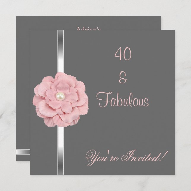 Invitation Fleur de perle blanche rose gris Fabuleux 40ème pa (Devant / Derrière)