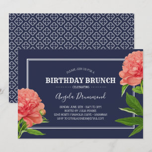 Invitation Fleur de pivoine Anniversaire Brunch Bleu