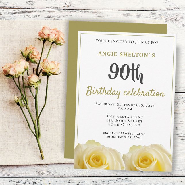 Invitation Fleur de rose jaune 90e fête d'anniversaire (Créateur téléchargé)