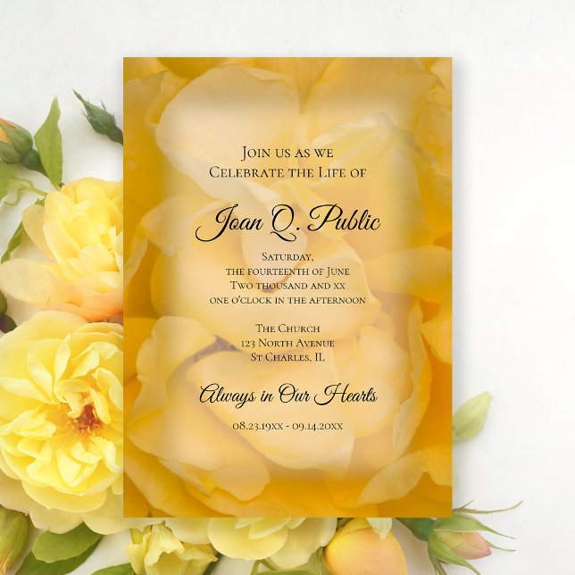 Invitation Fleur de rose jaune Célébration de la vie Memorial (Créateur téléchargé)