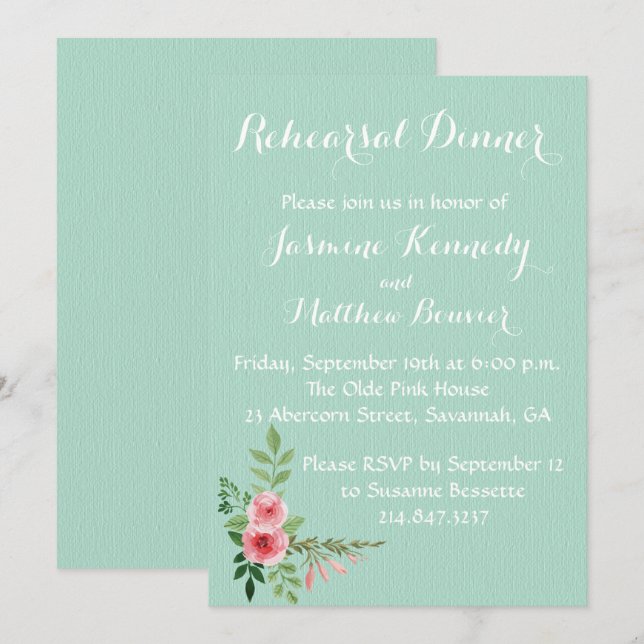 Invitation Fleur de rose rose rose Mariage à la menthe floral (Devant / Derrière)