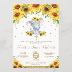 Invitation Fleur de soleil éléphante, baptême Fille Baptême