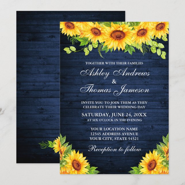 Invitation Fleur de Soleil en Bois Bleu Rustique Vert Floral (Devant / Derrière)