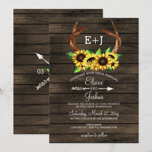 Invitation Fleur de soleil en fleurs Antlers Pays Chic Mariag (Devant / Derrière)