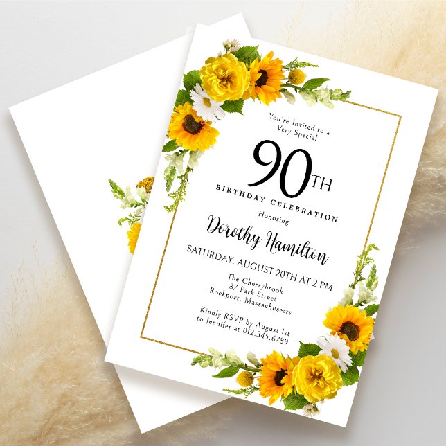 Invitation Fleur de soleil jaune Bleu marguerite florale 90e  (Elegant yellow floral design!)