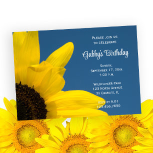 Invitation Fleur de soleil jaune et Ciel bleu fête d'annivers