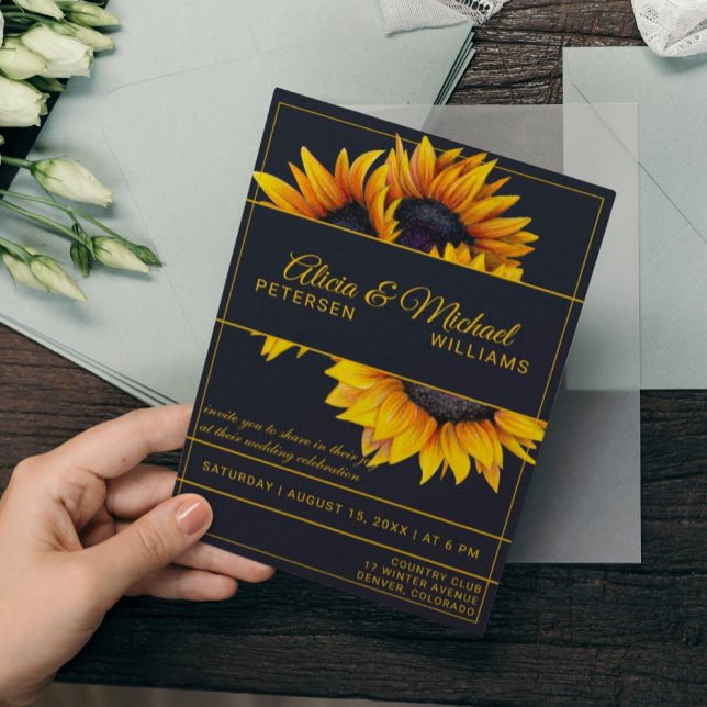 Invitation Fleur de soleil | Mariage moderne Marine et Gold (Créateur téléchargé)