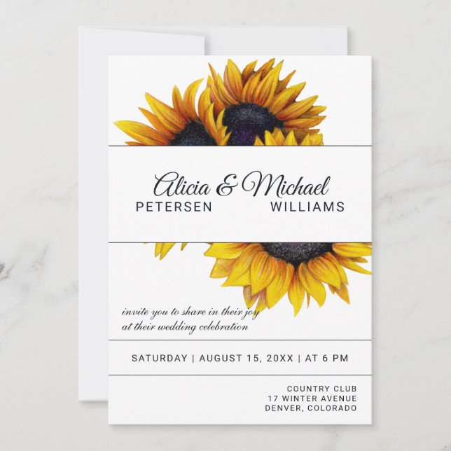 Invitation Fleur de soleil | Marine et blanc Mariage moderne (Devant)