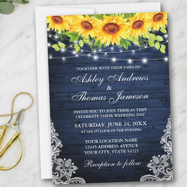 Invitation Fleur de soleil rustique dentelle florale Lumières (Customize to add more text or photos to back of card.)