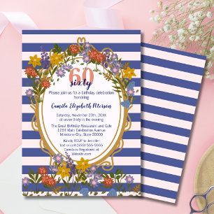 Invitation Fleur de style élégant vintage rayé bleu marine po